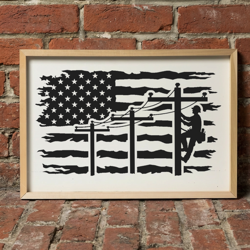 Lineman American Flag Design 3:2 Wood Framed Sign