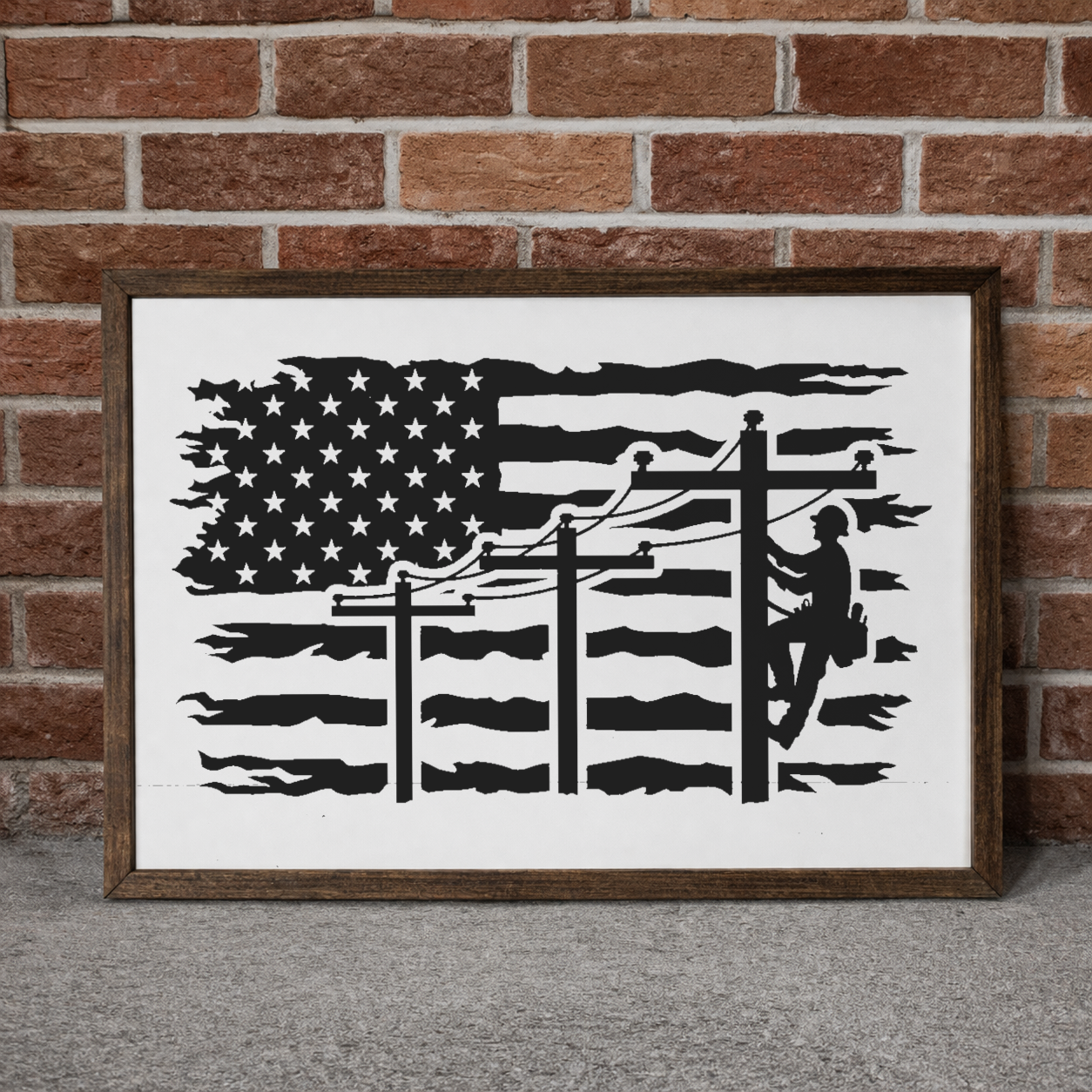 Lineman American Flag Design 3:2 Wood Framed Sign