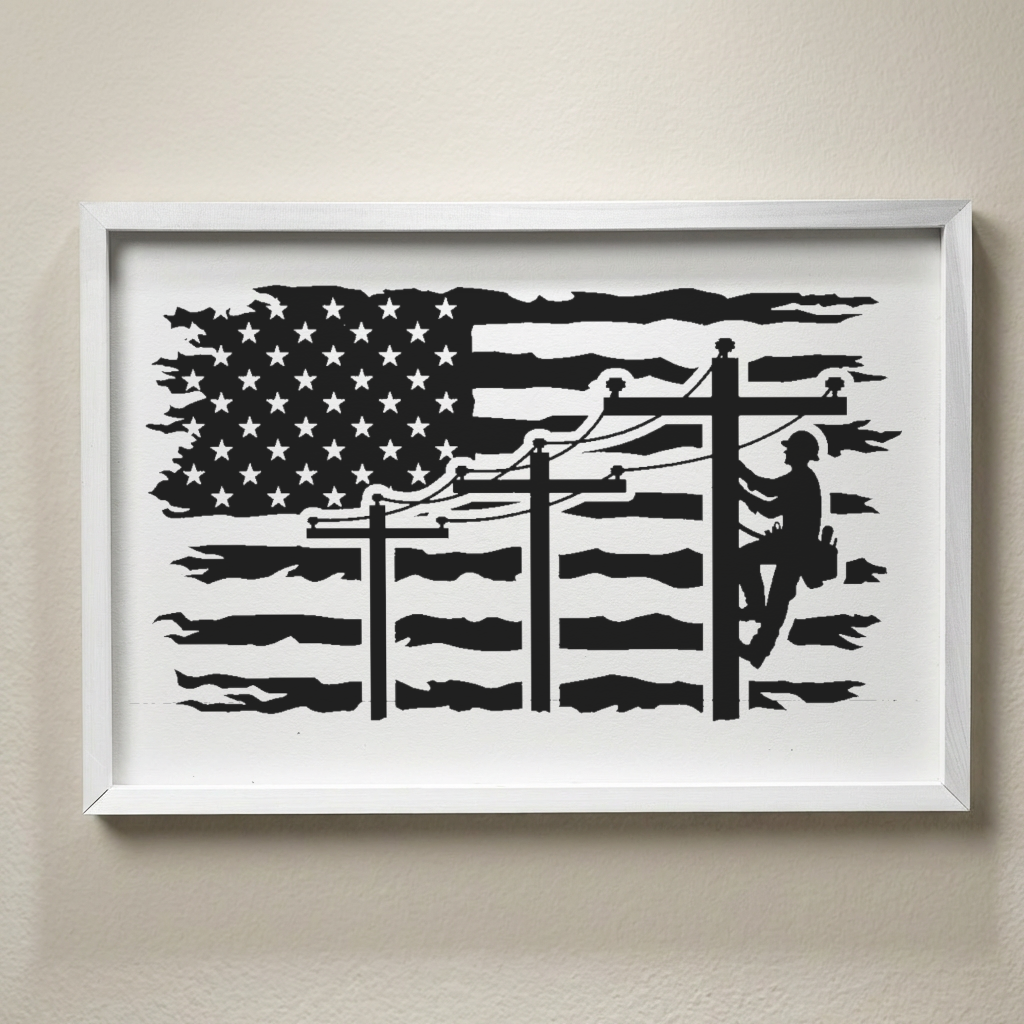 Lineman American Flag Design 3:2 Wood Framed Sign