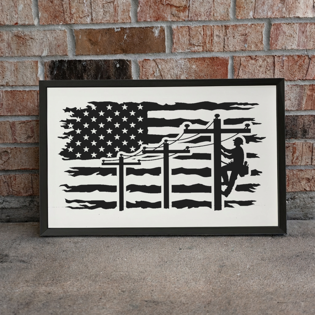 Lineman American Flag Design 3:2 Wood Framed Sign