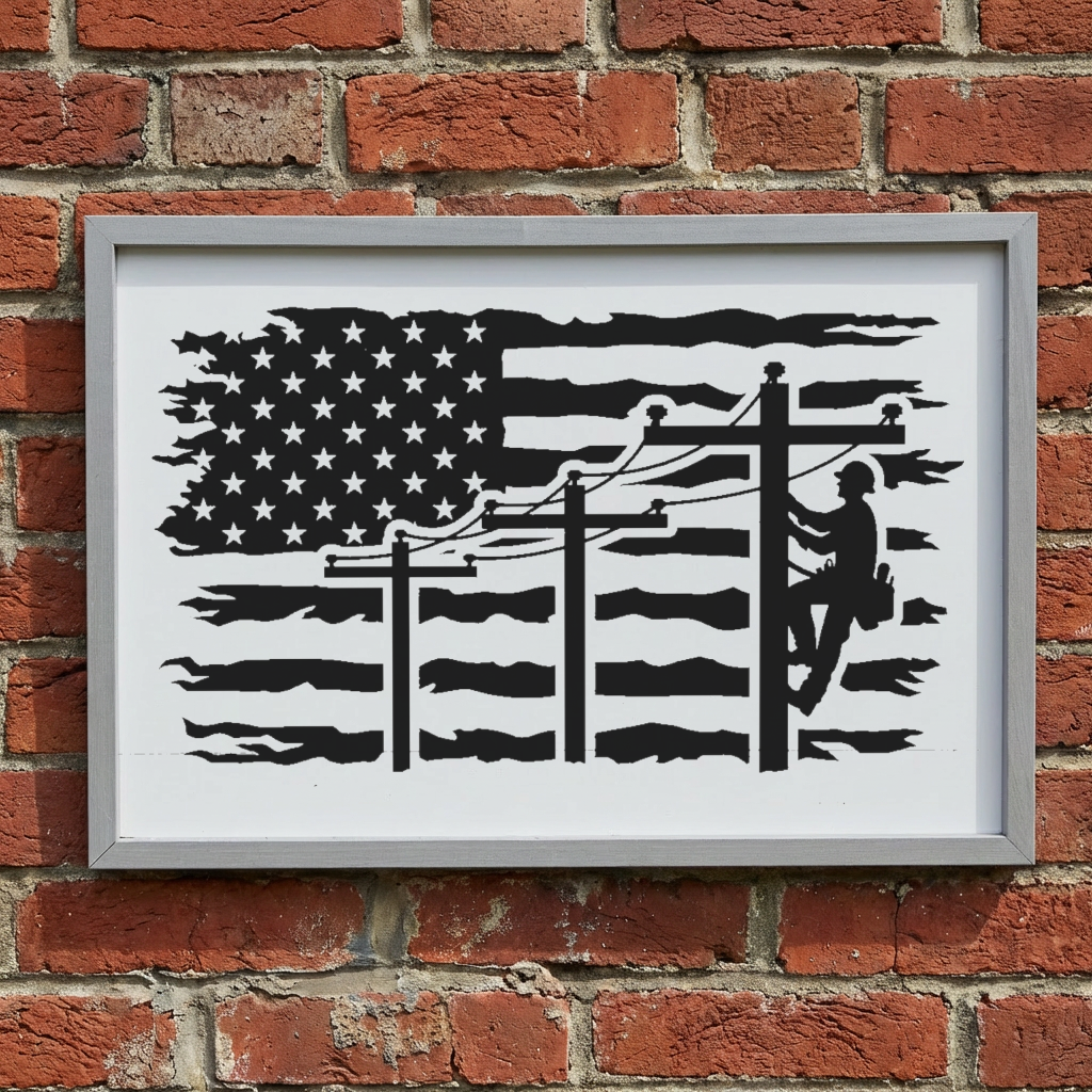 Lineman American Flag Design 3:2 Wood Framed Sign