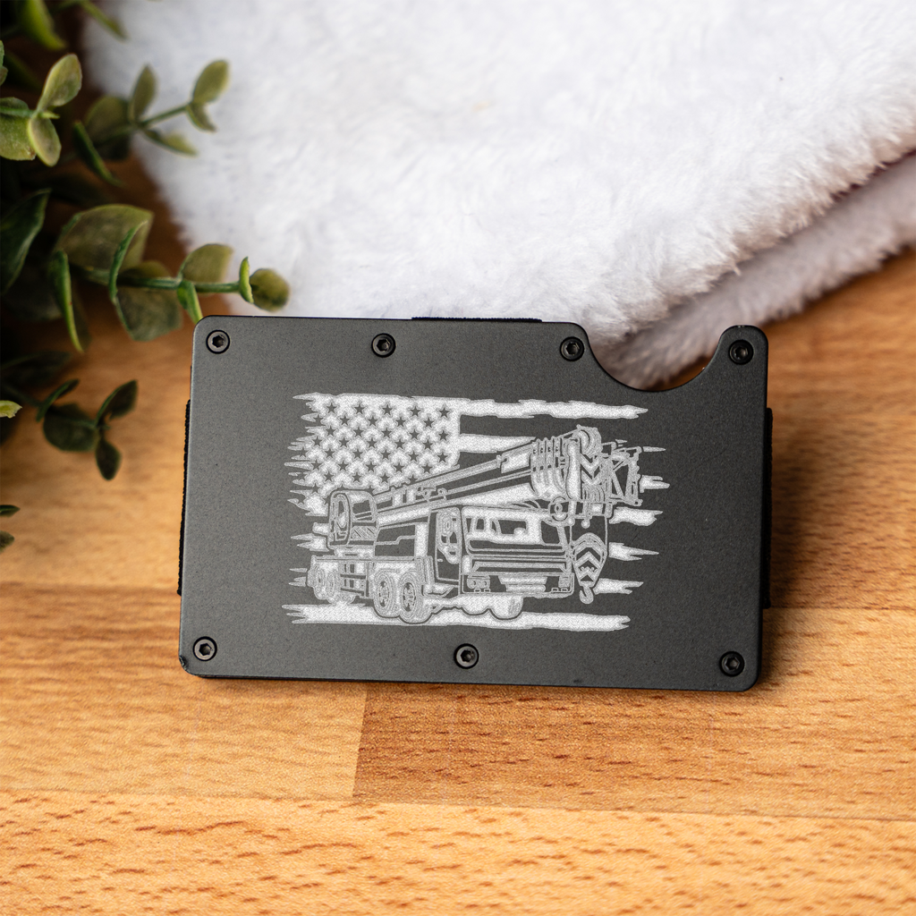 Construction Metal Wallet with American Flag and Crane Design, Durable and Stylish Card Holder, Construction Gifts, Engraved Metal Wallet