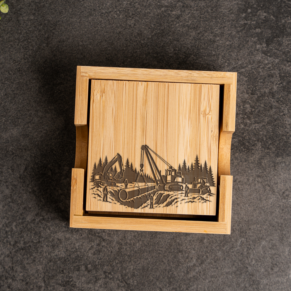 Construction Themed Bamboo Coaster Set with Holder, Eco Friendly Drink Coasters for Construction Workers