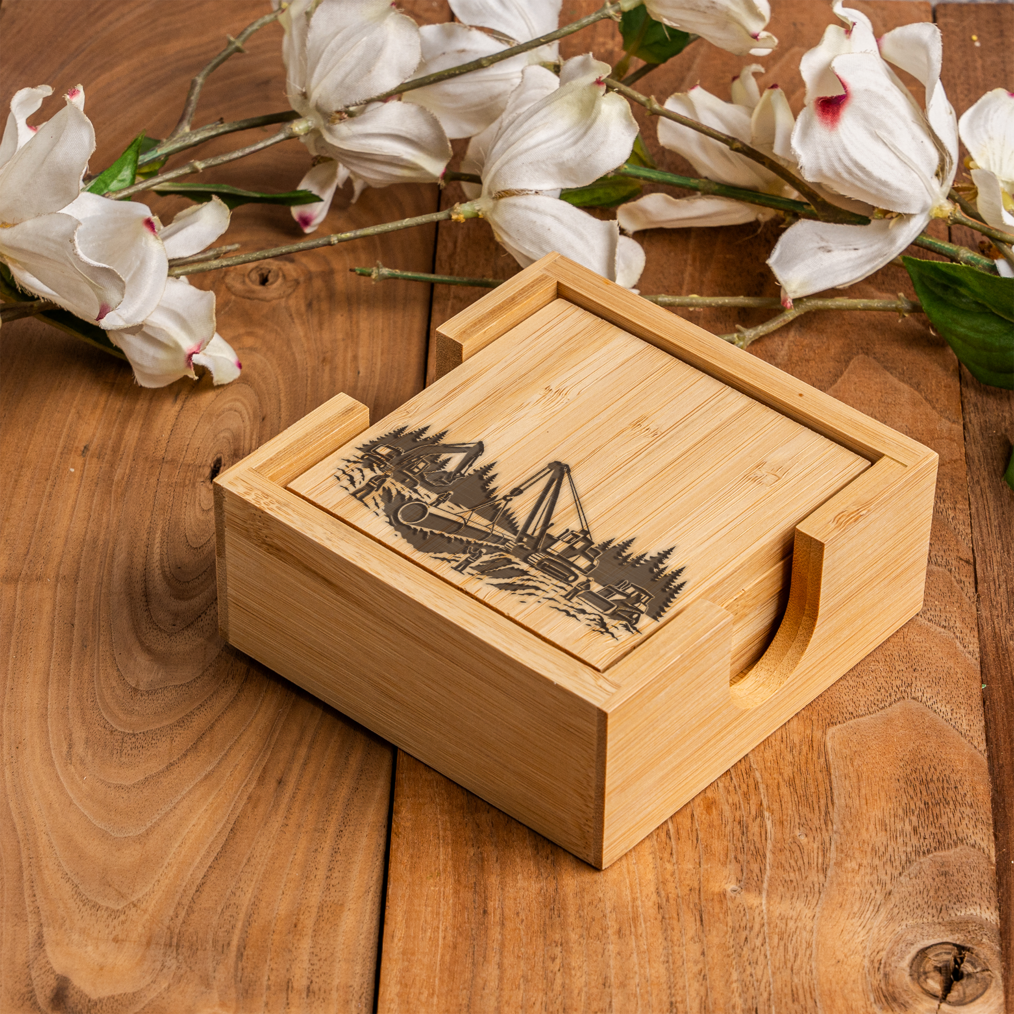 Construction Themed Bamboo Coaster Set with Holder, Eco Friendly Drink Coasters for Construction Workers