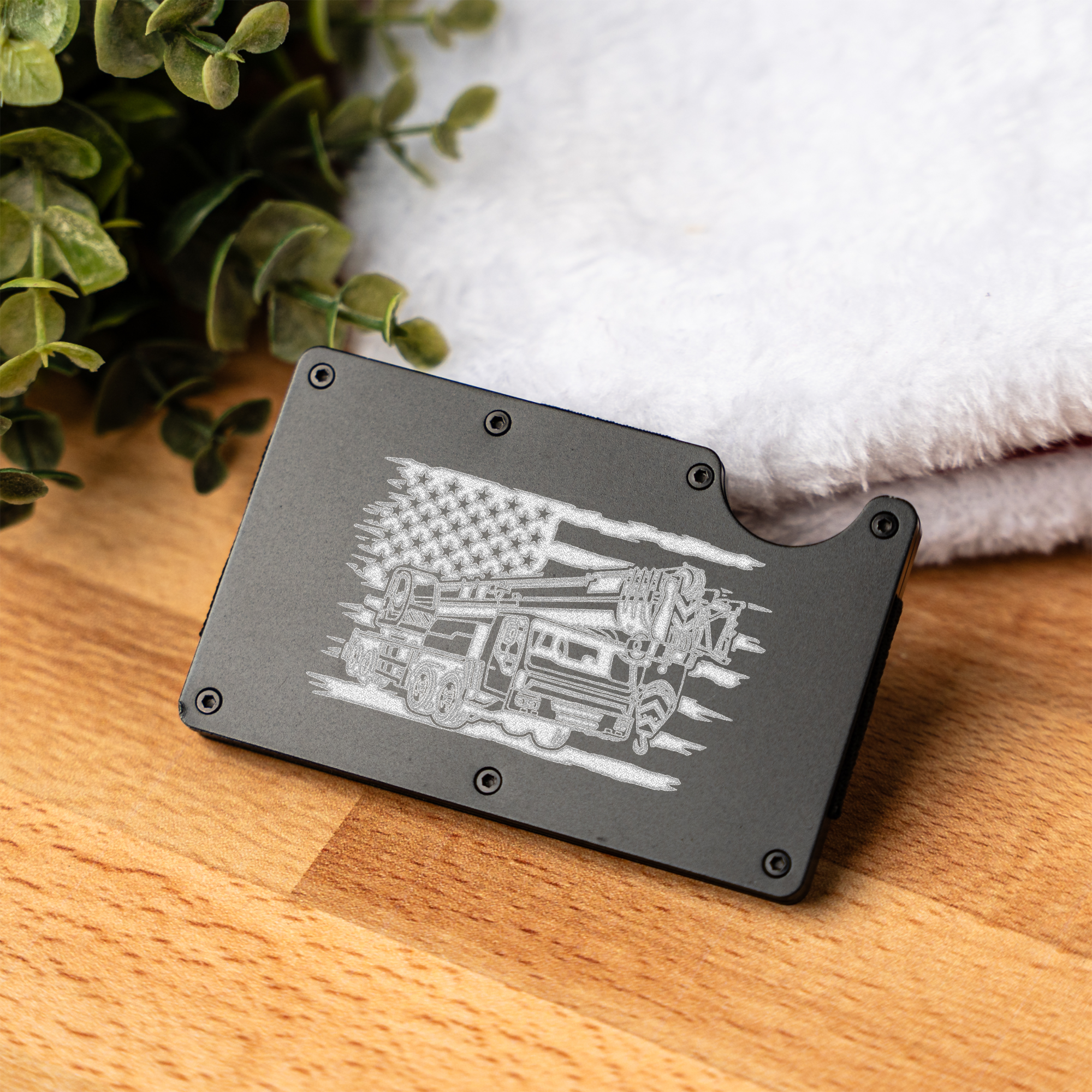 Construction Metal Wallet with American Flag and Crane Design, Durable and Stylish Card Holder, Construction Gifts, Engraved Metal Wallet