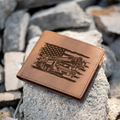 Construction Design Engraved Leather Bifold Wallet, American Flag and Crane Design, Perfect Gift, Engraved Wallet Gift
