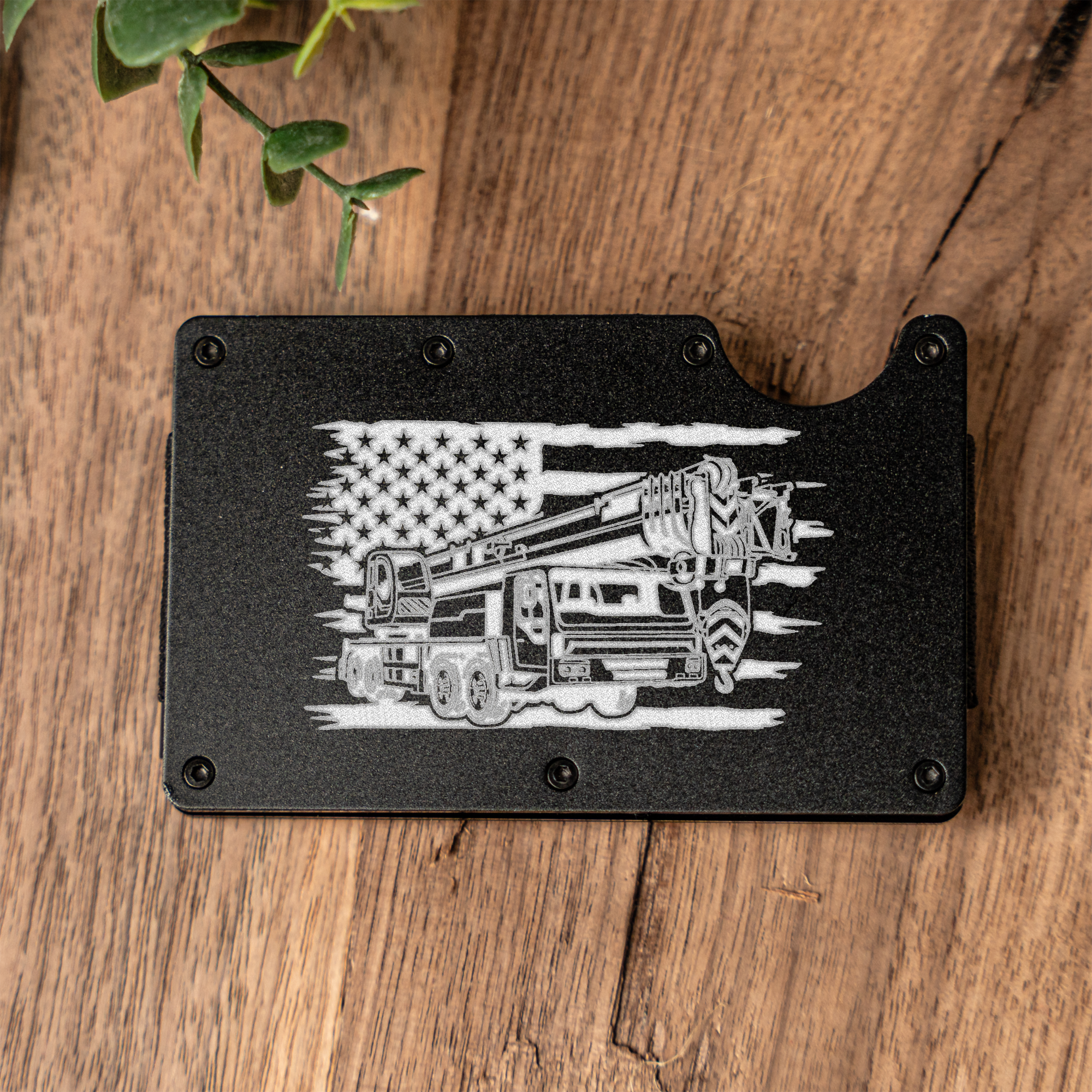 Construction Metal Wallet with American Flag and Crane Design, Durable and Stylish Card Holder, Construction Gifts, Engraved Metal Wallet