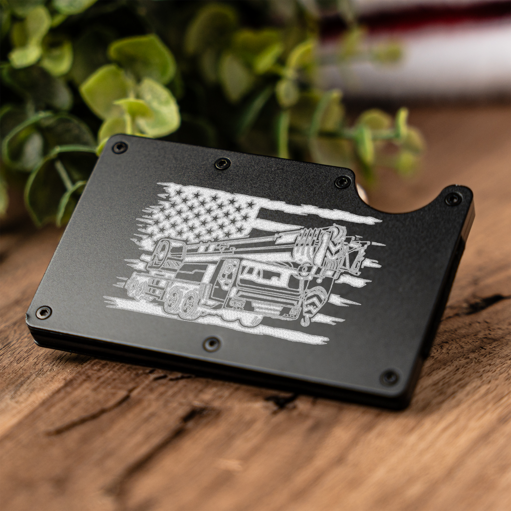 Construction Metal Wallet with American Flag and Crane Design, Durable and Stylish Card Holder, Construction Gifts, Engraved Metal Wallet