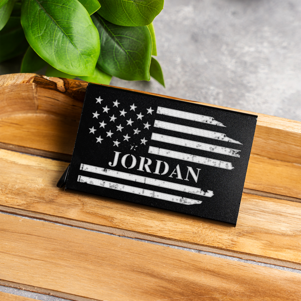 Personalized Aluminum Credit Card Holder with American Flag Design, Personalized Engraved Name Wallet with American Flag Design