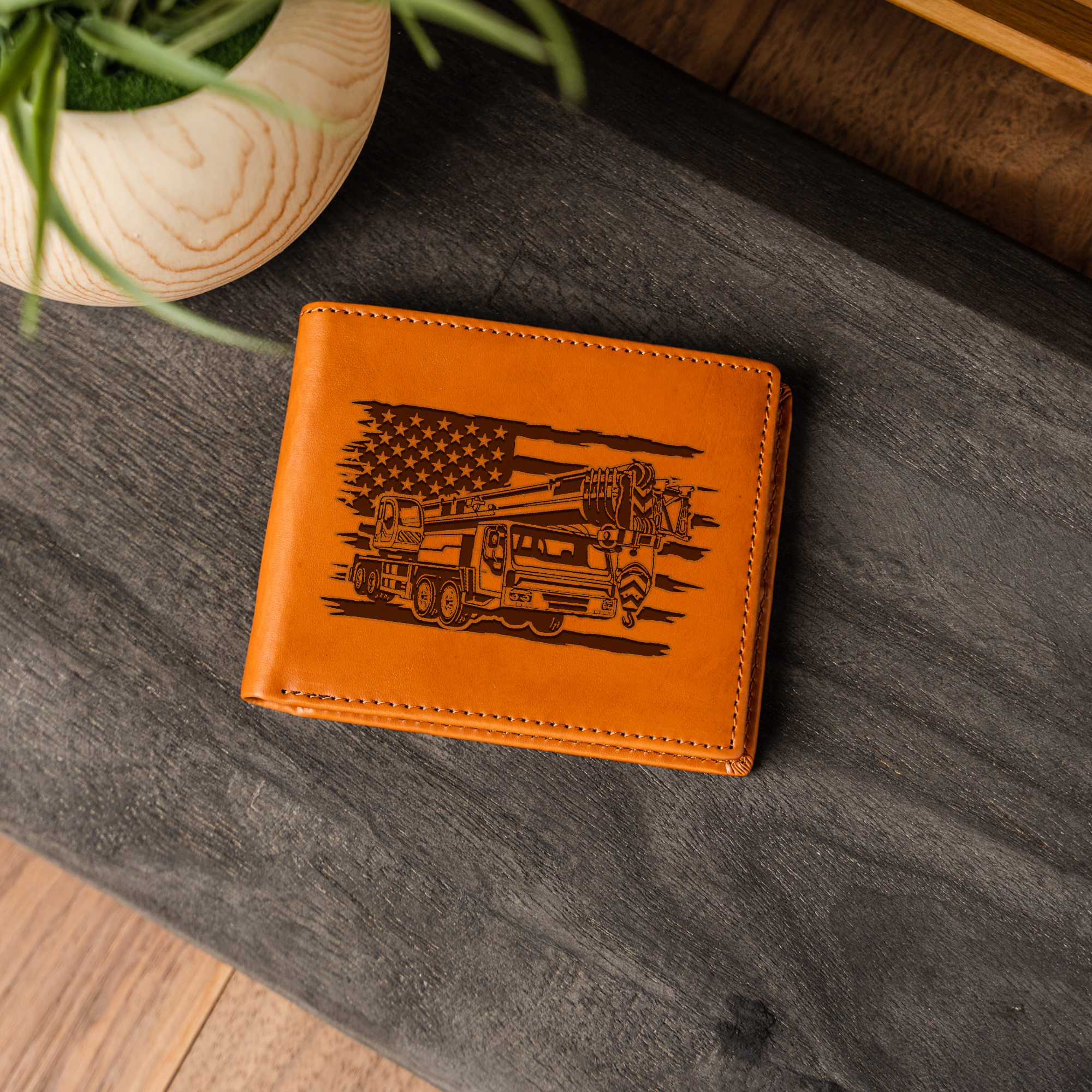 Construction Design Engraved Leather Bifold Wallet, American Flag and Crane Design, Perfect Gift, Engraved Wallet Gift