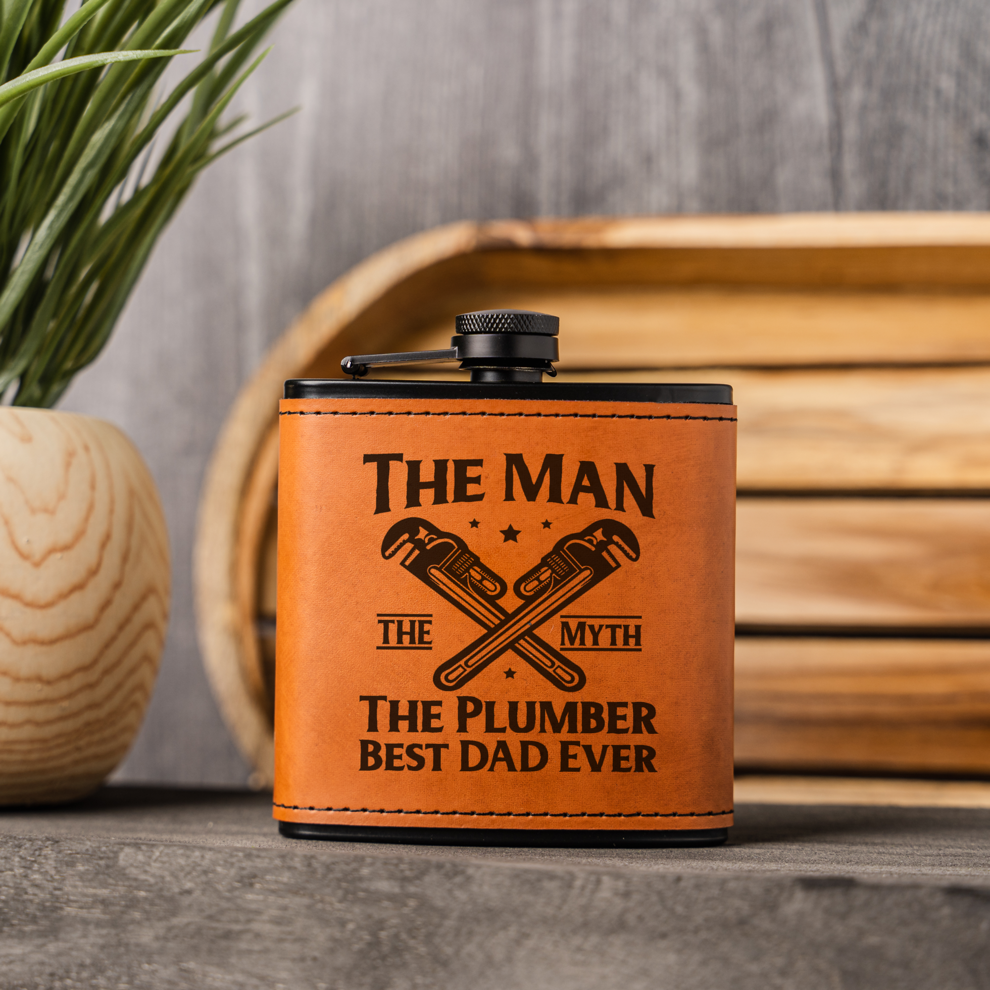 Best Dad Ever Black Leather Wrapped Flask for Plumbers, Best Dad Ever Gift, The Man The Myth Design, Plumber Gift Fathers Day