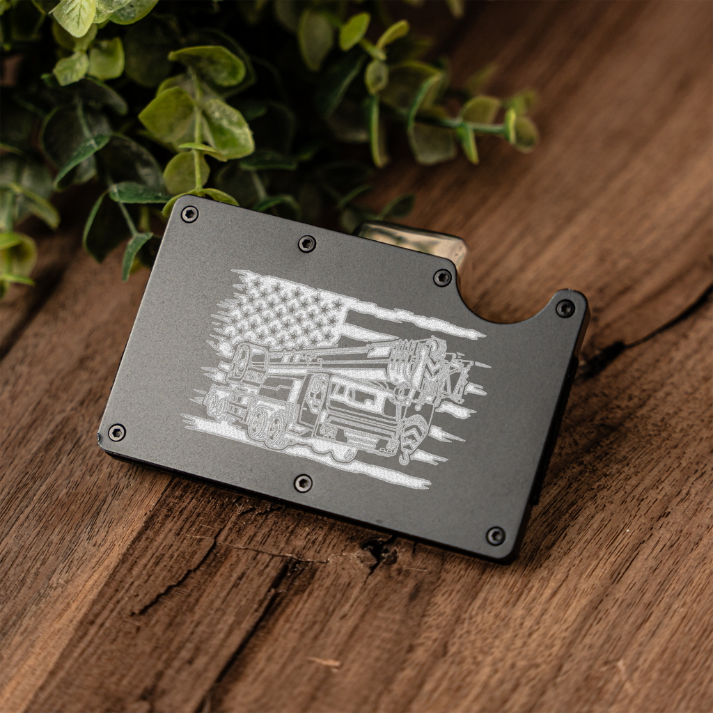 Construction Metal Wallet with American Flag and Crane Design, Durable and Stylish Card Holder, Construction Gifts, Engraved Metal Wallet