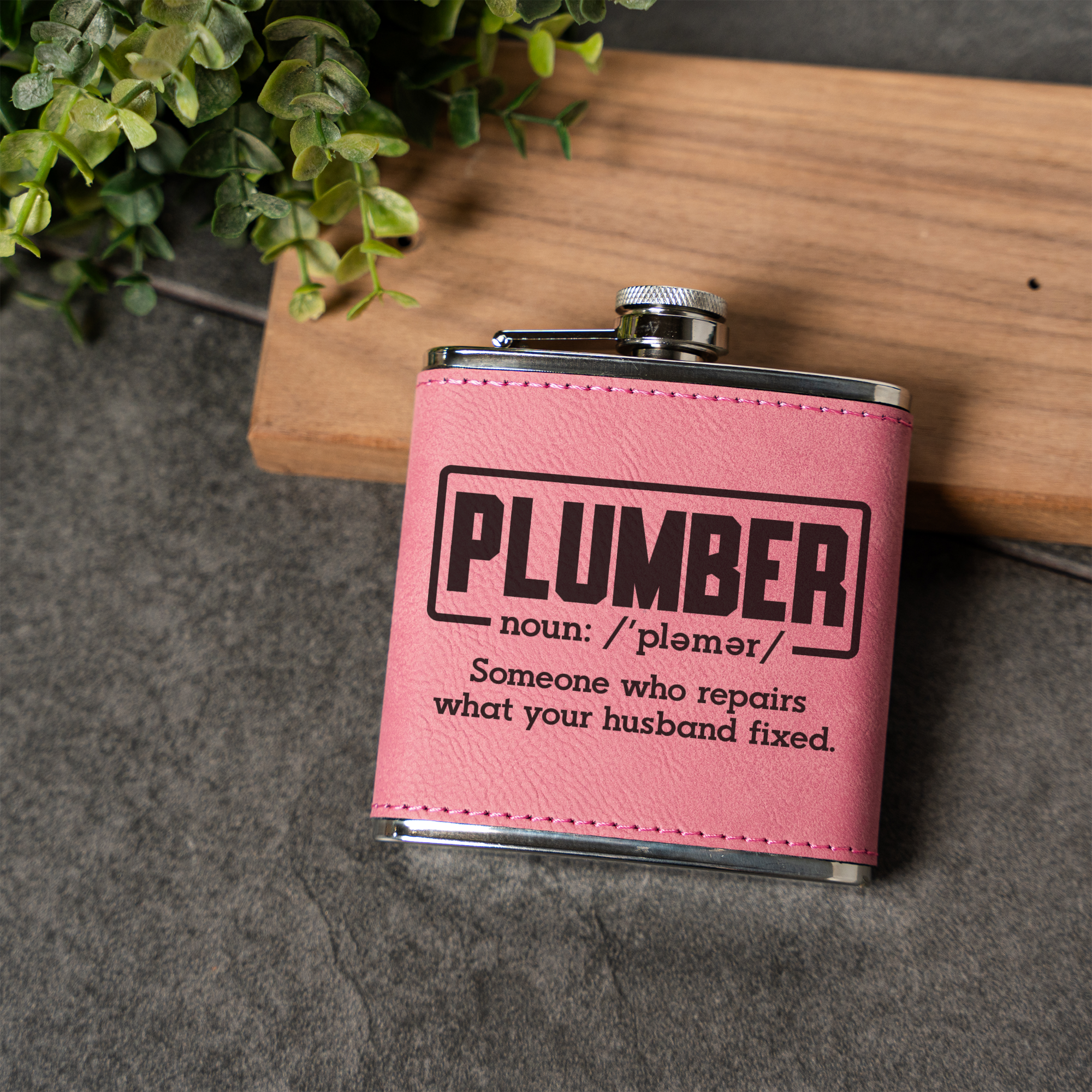 Leather Wrapped Flask 6oz, Funny Plumber Design, Gift for Men, Groomsmen Gift