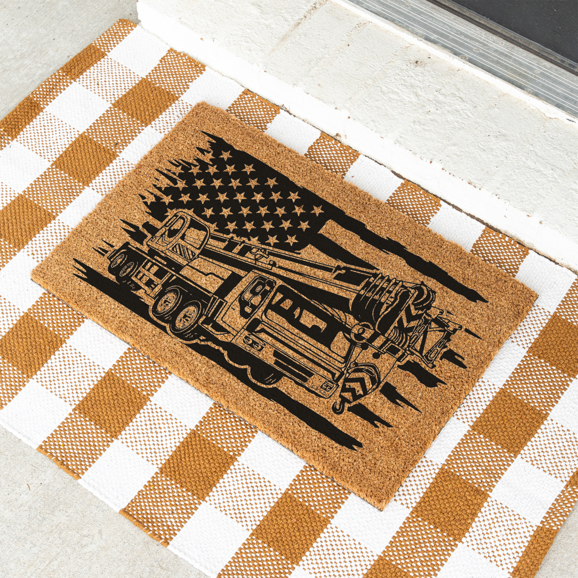 Construction American Flag Coir Doormat, Construction Entryway Rug, Durable Outdoor Mat for Porch or Patio, Construction Gift Welcome Mat