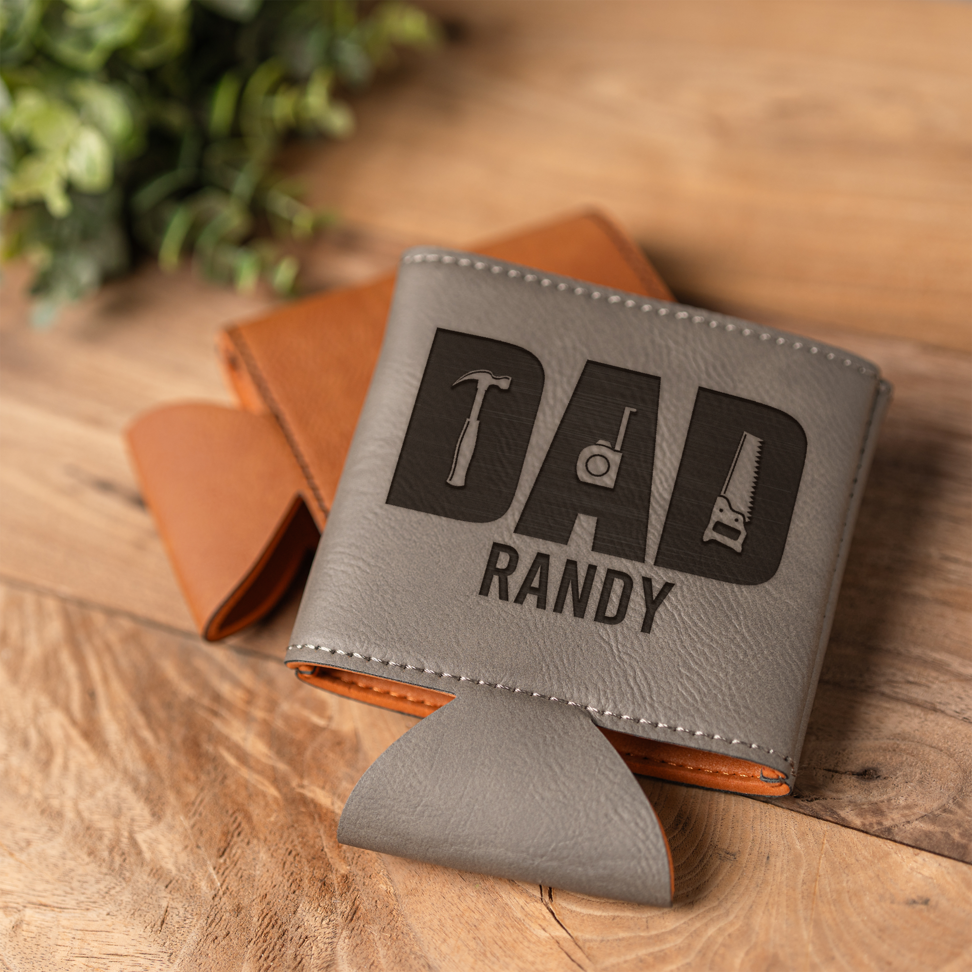 Personalized Leather Beverage Holder - Dad Handyman Design