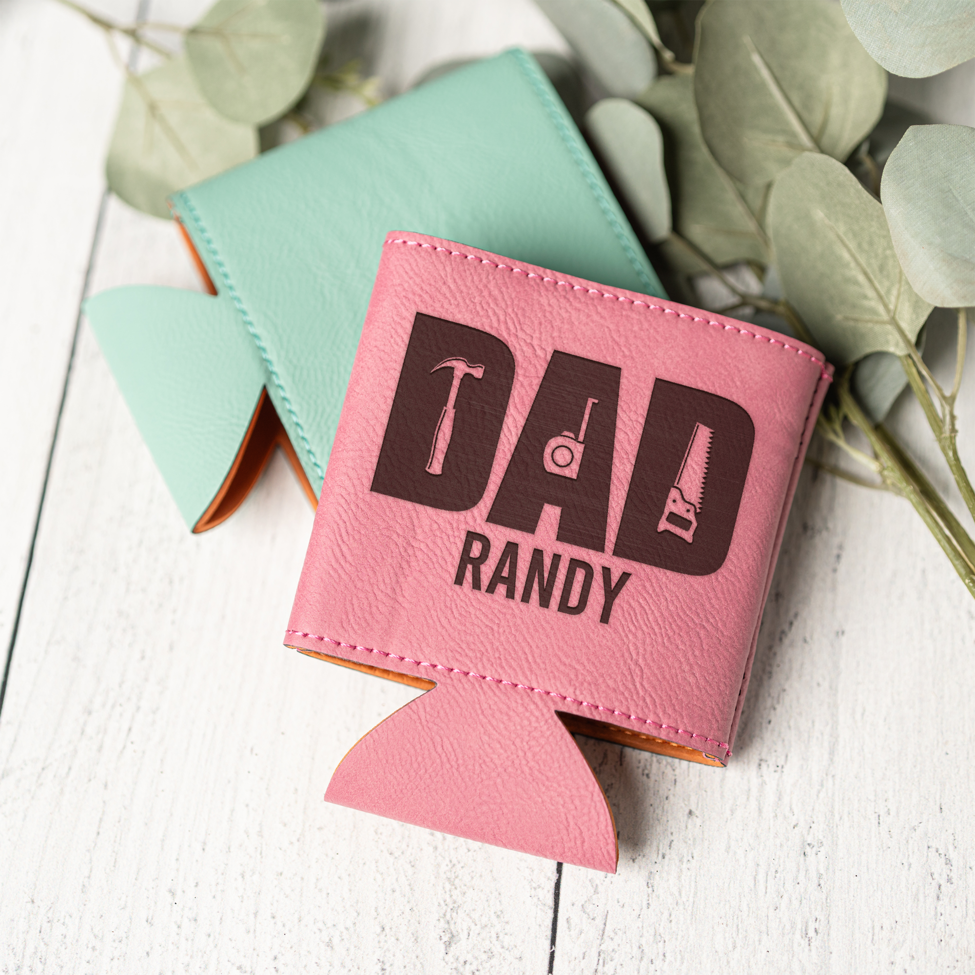 Personalized Leather Beverage Holder - Dad Handyman Design