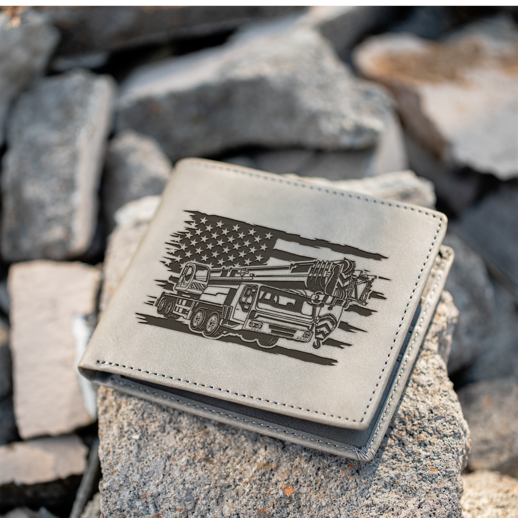Construction Design Engraved Leather Bifold Wallet, American Flag and Crane Design, Perfect Gift, Engraved Wallet Gift