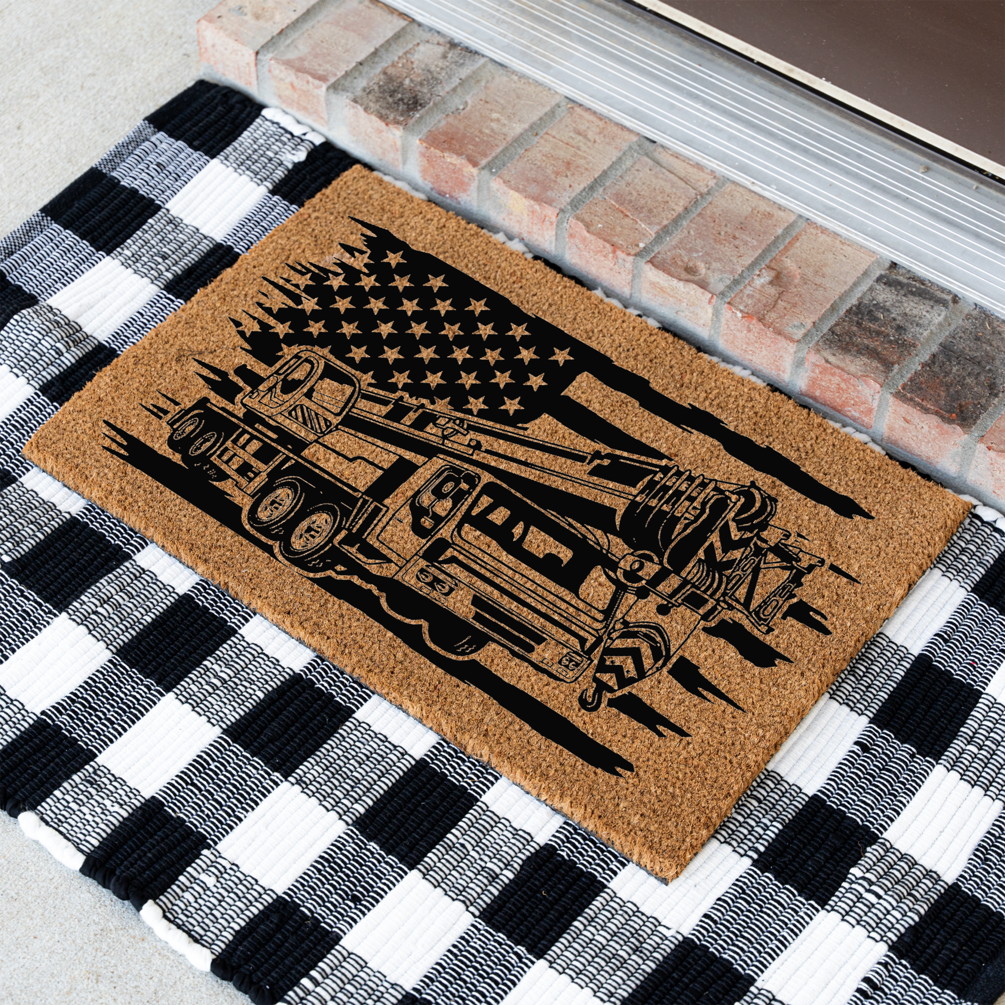 Construction American Flag Coir Doormat, Construction Entryway Rug, Durable Outdoor Mat for Porch or Patio, Construction Gift Welcome Mat