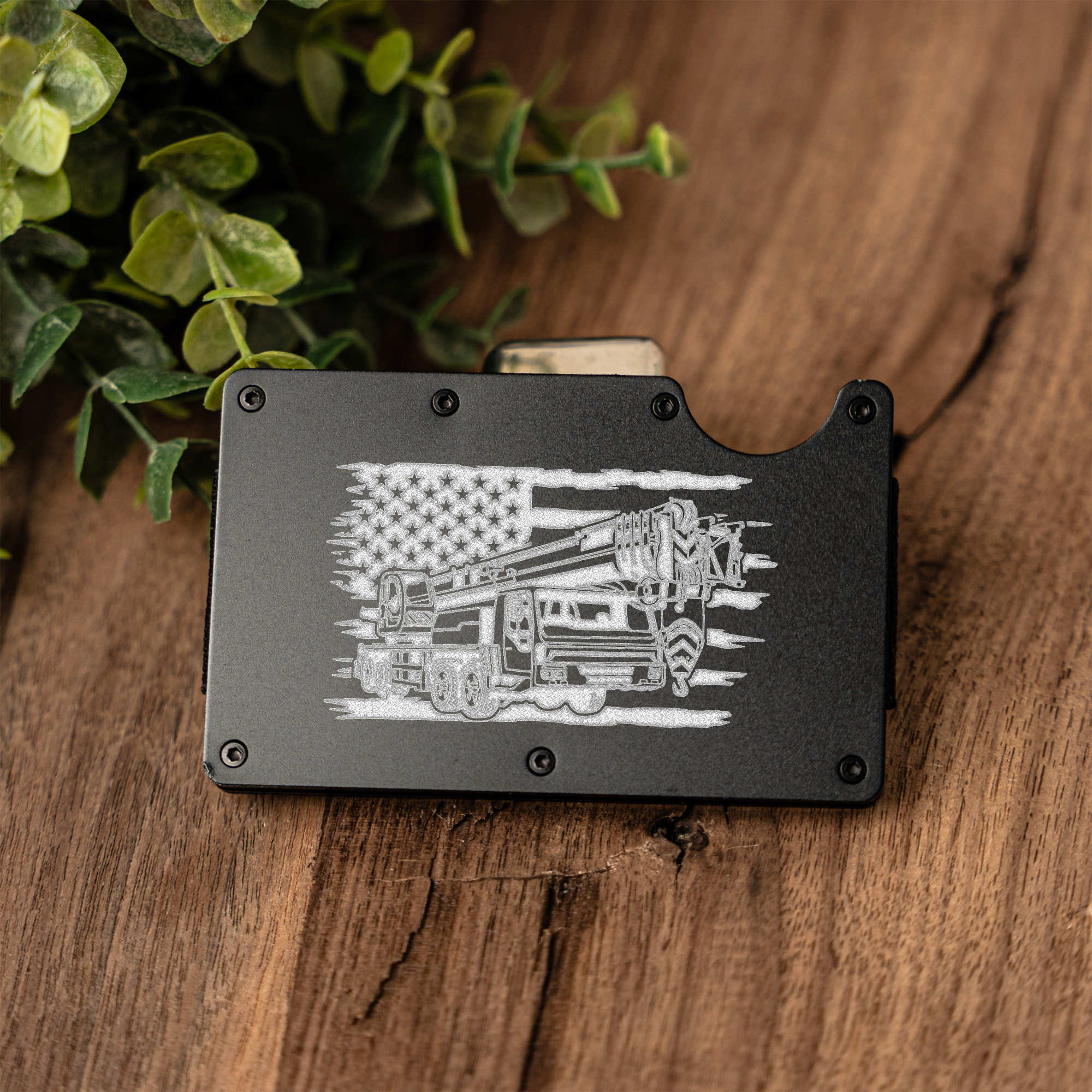 Construction Metal Wallet with American Flag and Crane Design, Durable and Stylish Card Holder, Construction Gifts, Engraved Metal Wallet