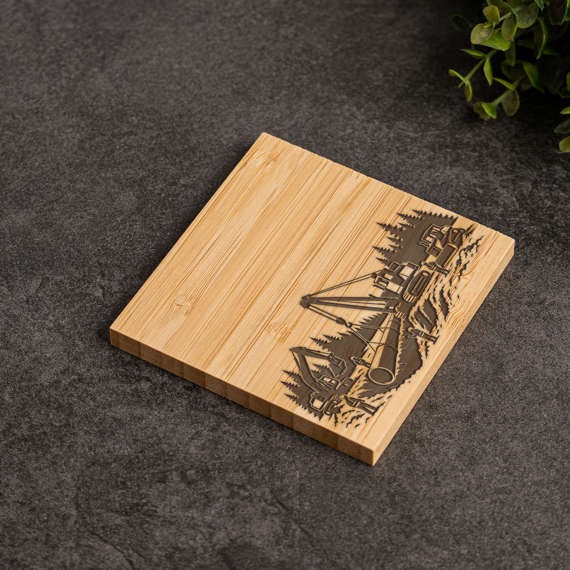 Construction Themed Bamboo Coaster Set with Holder, Eco Friendly Drink Coasters for Construction Workers