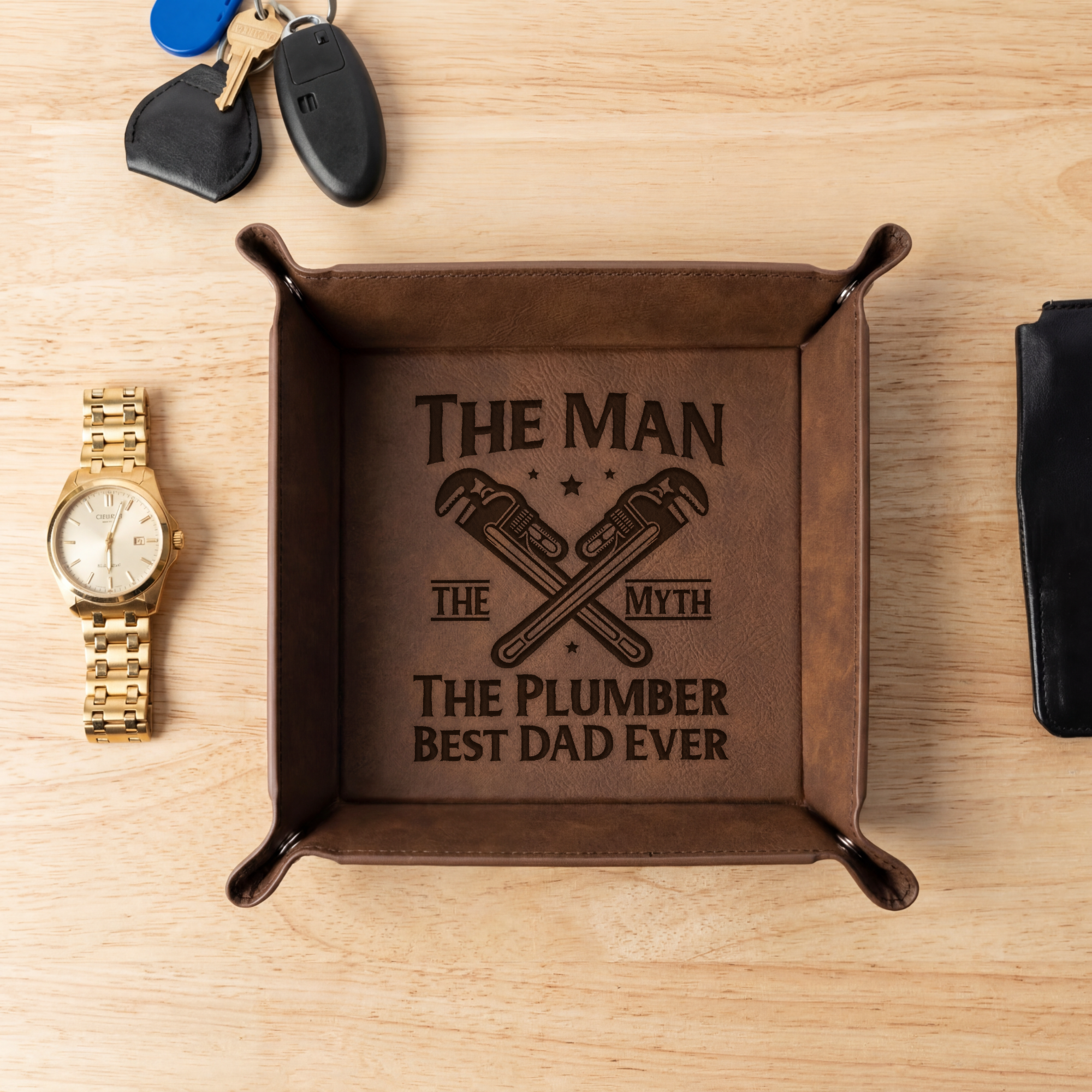 The Man The Myth The Plumber Best dad Ever Vegan Leather Snap Up Tray, Plumber Design, Best Dad Ever Gift for Father's Day, Desk Organizer