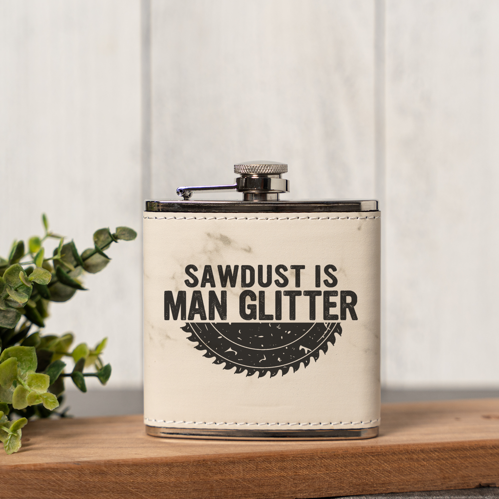 Leather Wrapped Flask 6oz, Sawdust Is Man Glitter Design, Perfect for Groomsmen or Father's Day