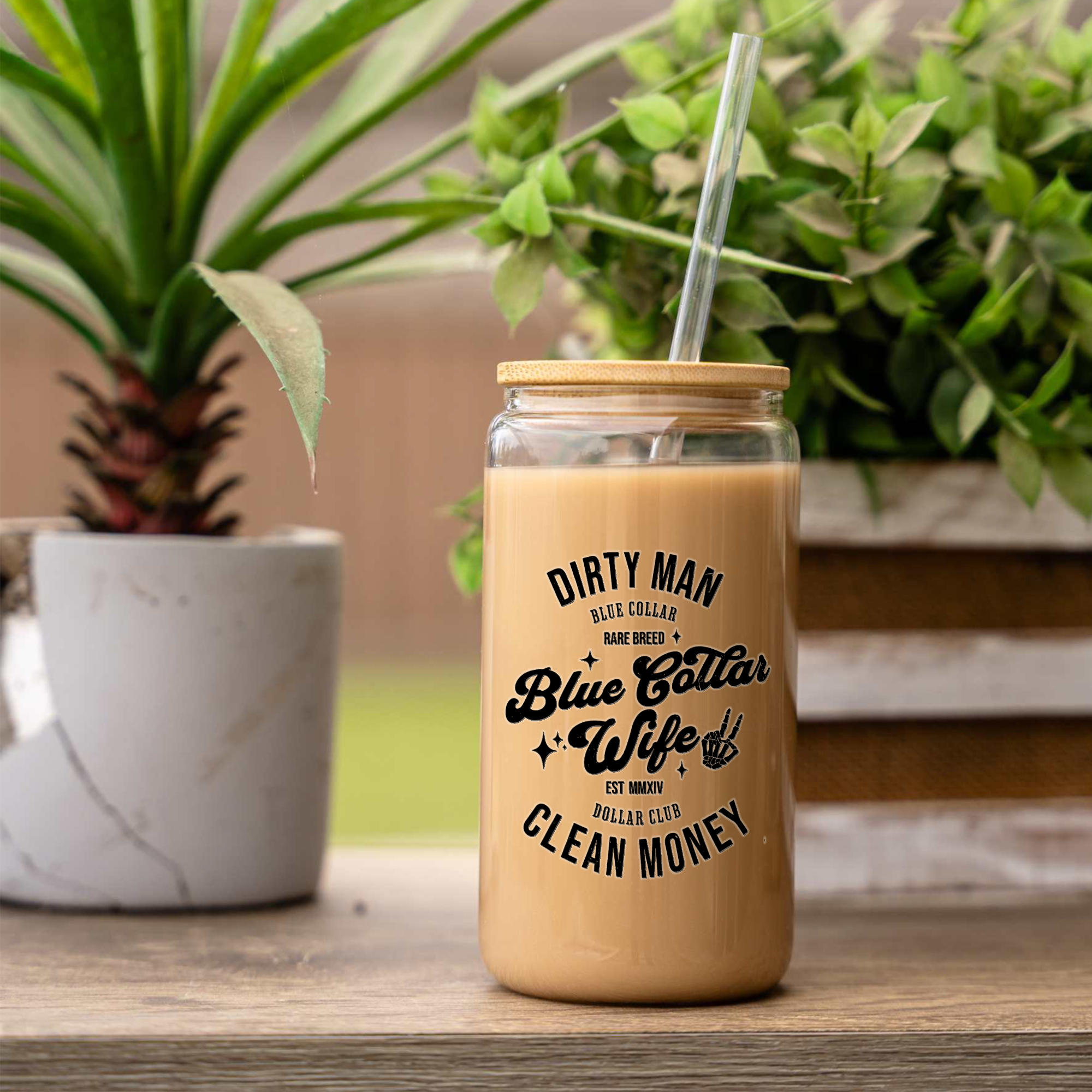 Blue Collar Wife 16oz Glass Coffee Can with Bamboo Lid