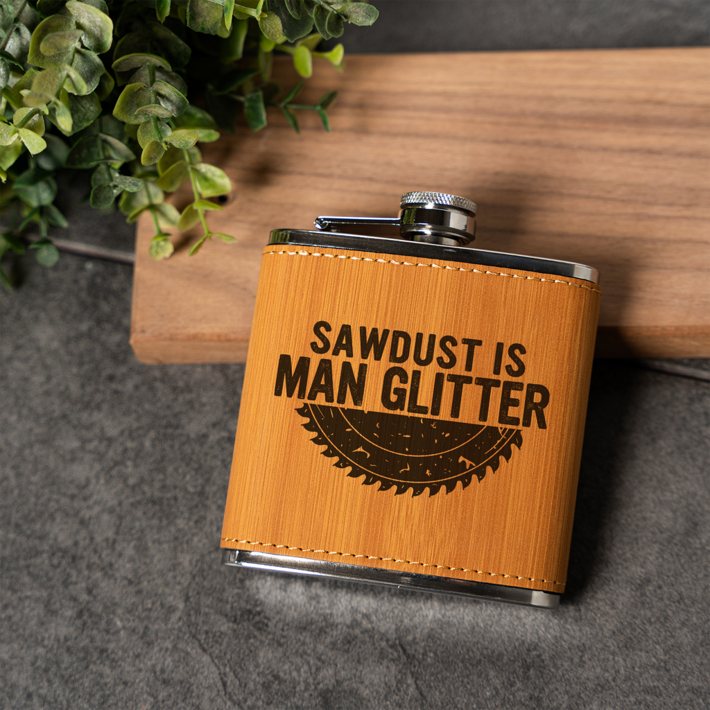 Leather Wrapped Flask 6oz, Sawdust Is Man Glitter Design, Perfect for Groomsmen or Father's Day