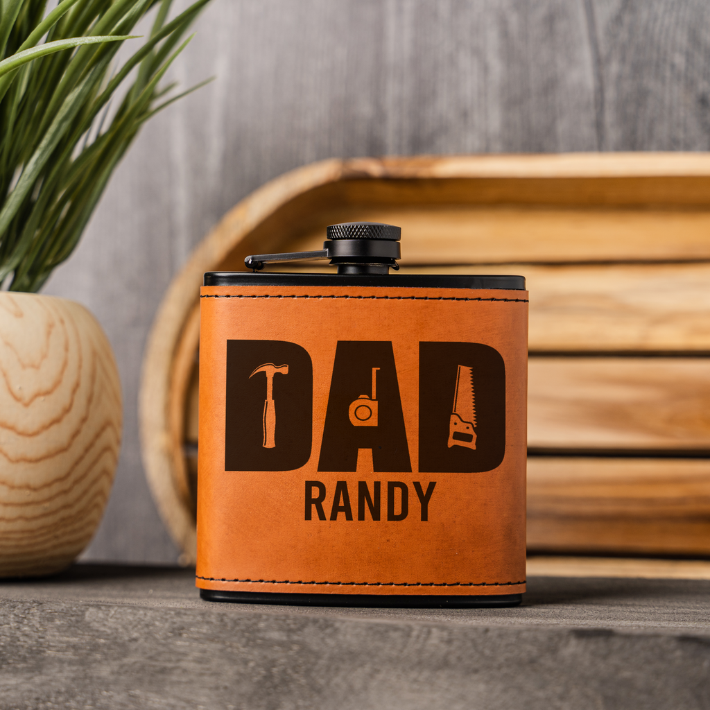 Personalized Dad Flask | Custom Father's Day Gift | Engraved Leather Flask | Dad Gift | Handyman Gift | Gift for Dad | Custom Name Flask