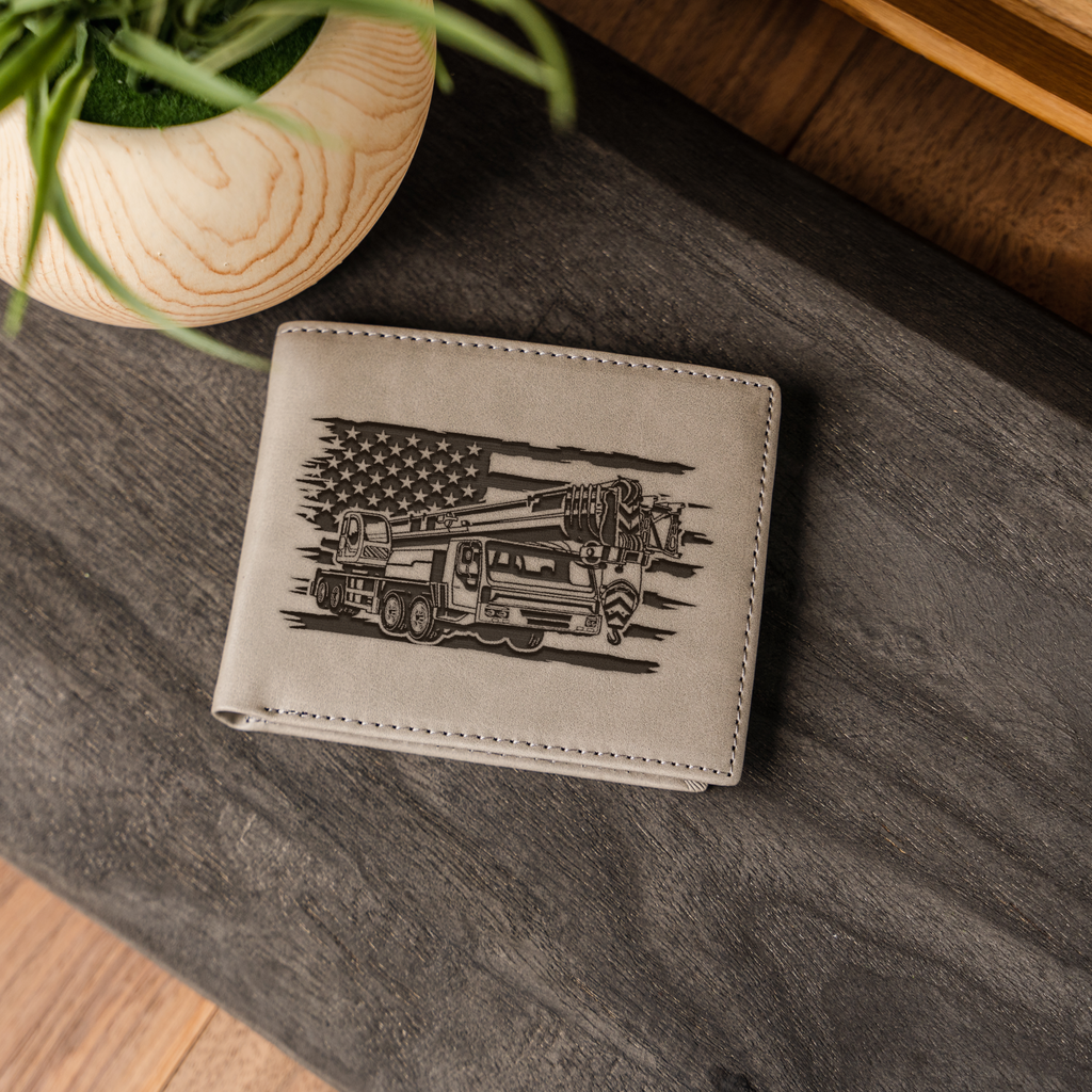 Construction Design Engraved Leather Bifold Wallet, American Flag and Crane Design, Perfect Gift, Engraved Wallet Gift