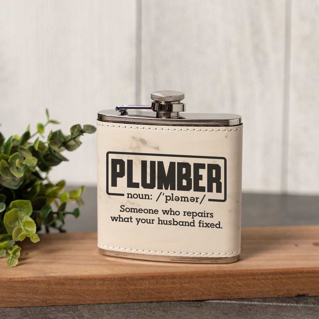 Leather Wrapped Flask 6oz, Funny Plumber Design, Gift for Men, Groomsmen Gift