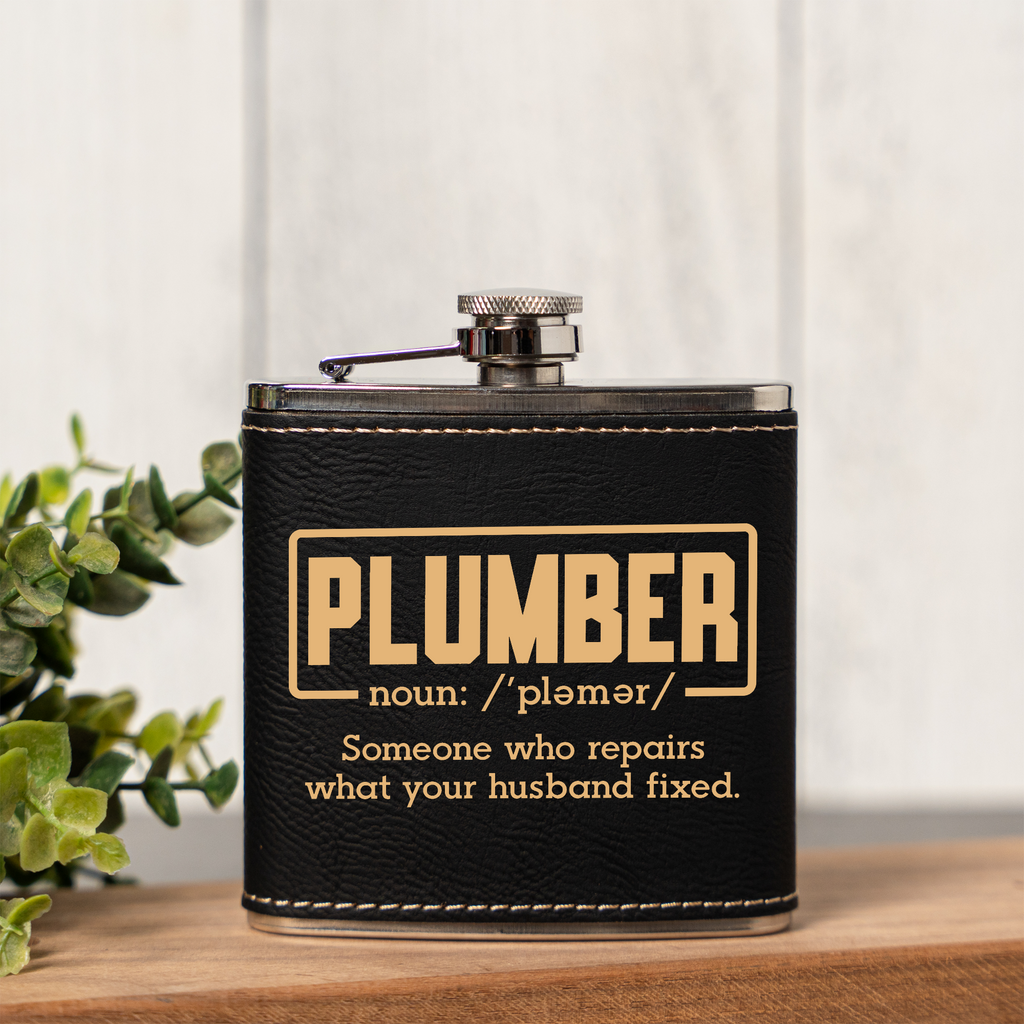 Leather Wrapped Flask 6oz, Funny Plumber Design, Gift for Men, Groomsmen Gift