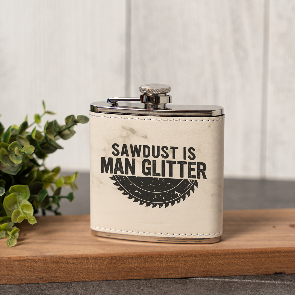 Leather Wrapped Flask 6oz, Sawdust Is Man Glitter Design, Perfect for Groomsmen or Father's Day