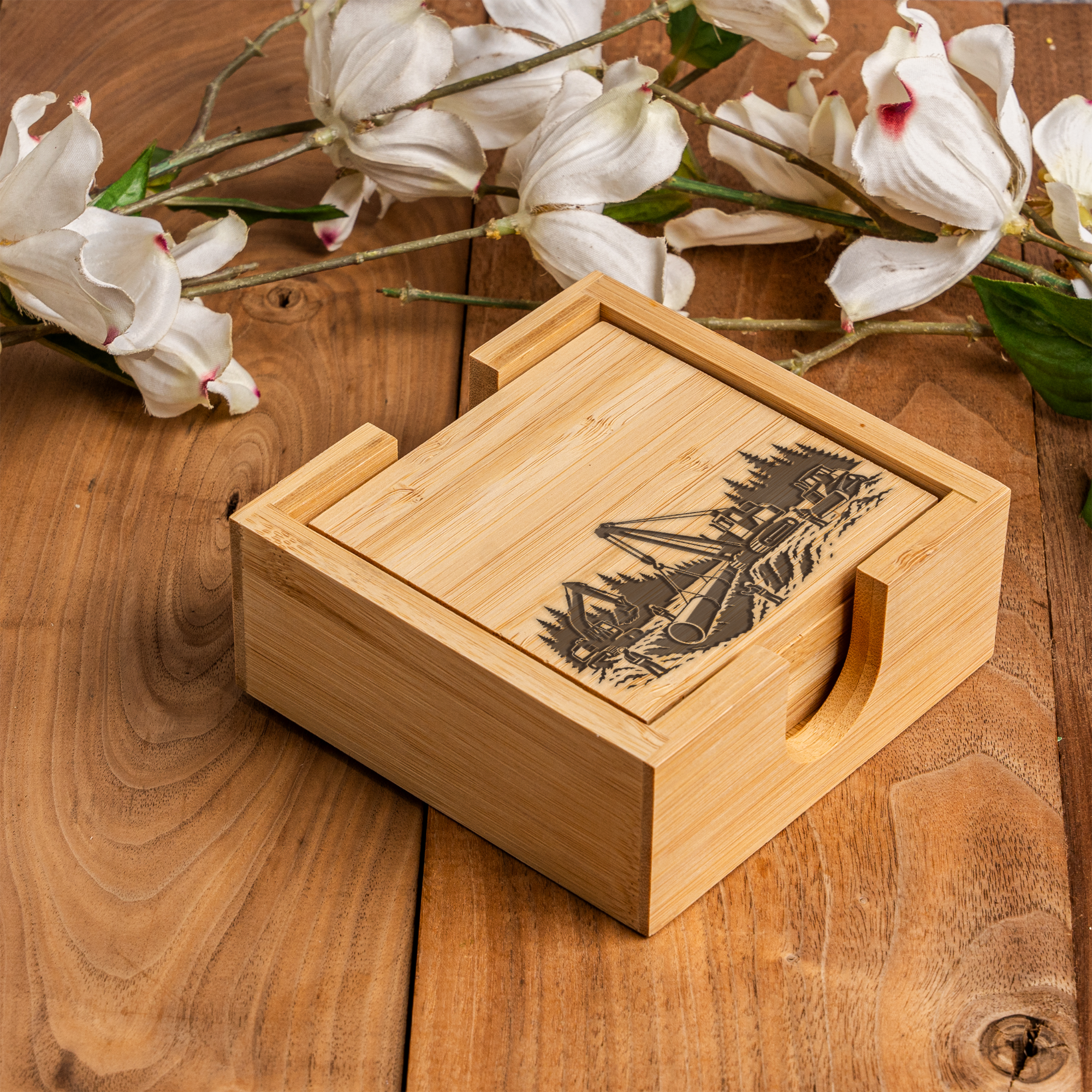 Construction Themed Bamboo Coaster Set with Holder, Eco Friendly Drink Coasters for Construction Workers