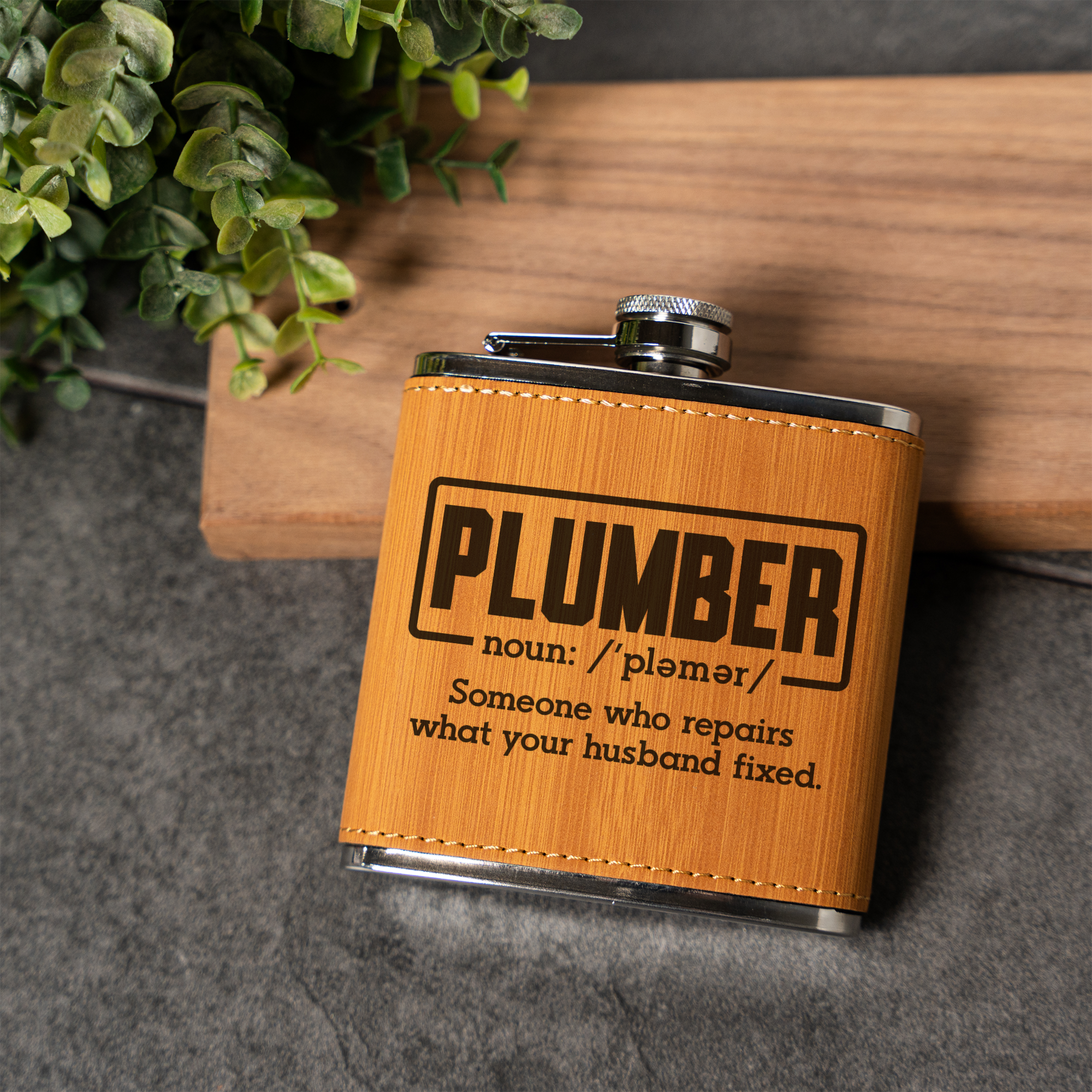 Leather Wrapped Flask 6oz, Funny Plumber Design, Gift for Men, Groomsmen Gift