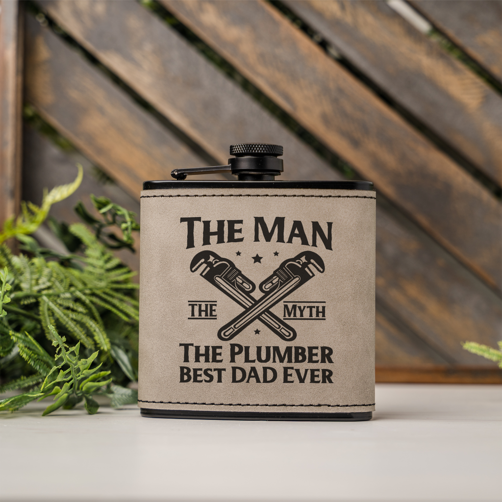 Best Dad Ever Black Leather Wrapped Flask for Plumbers, Best Dad Ever Gift, The Man The Myth Design, Plumber Gift Fathers Day