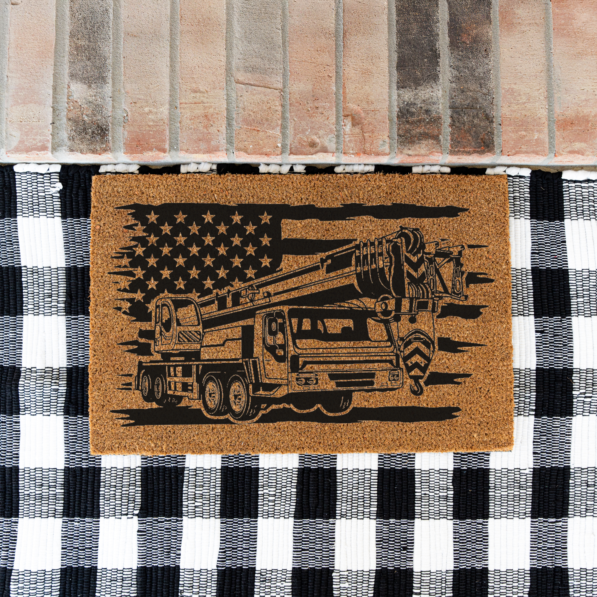Construction American Flag Coir Doormat, Construction Entryway Rug, Durable Outdoor Mat for Porch or Patio, Construction Gift Welcome Mat