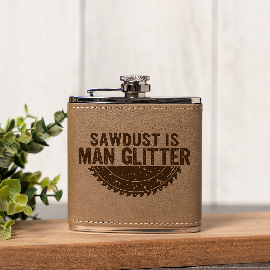 Leather Wrapped Flask 6oz, Sawdust Is Man Glitter Design, Perfect for Groomsmen or Father's Day