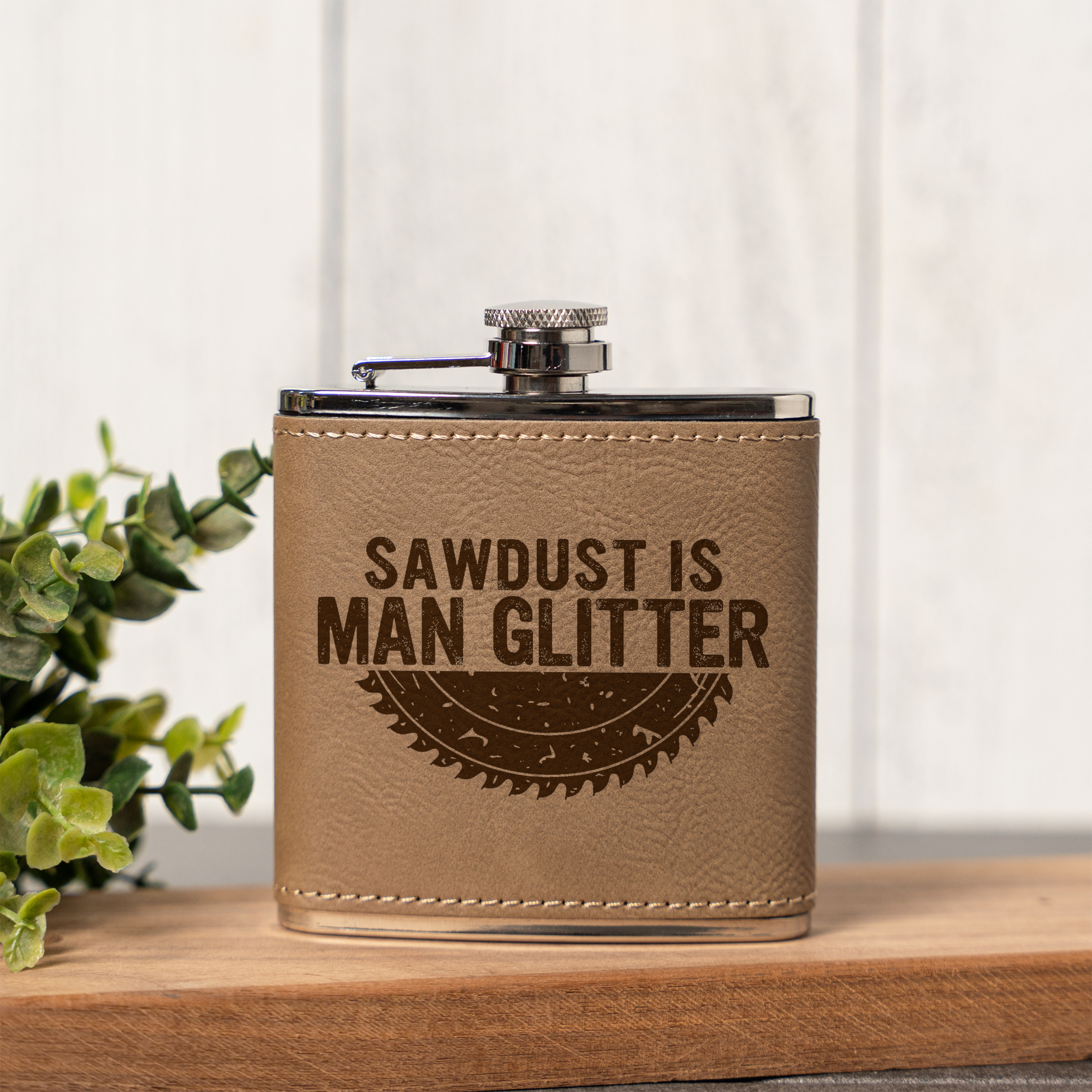 Leather Wrapped Flask 6oz, Sawdust Is Man Glitter Design, Perfect for Groomsmen or Father's Day