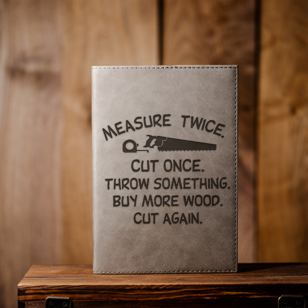 Funny Woodworking Leather Journal | Carpenter Notebook | Measure Twice Cut Once Gift | Woodworker Gift | Contractor Journal | Father's Day Gift