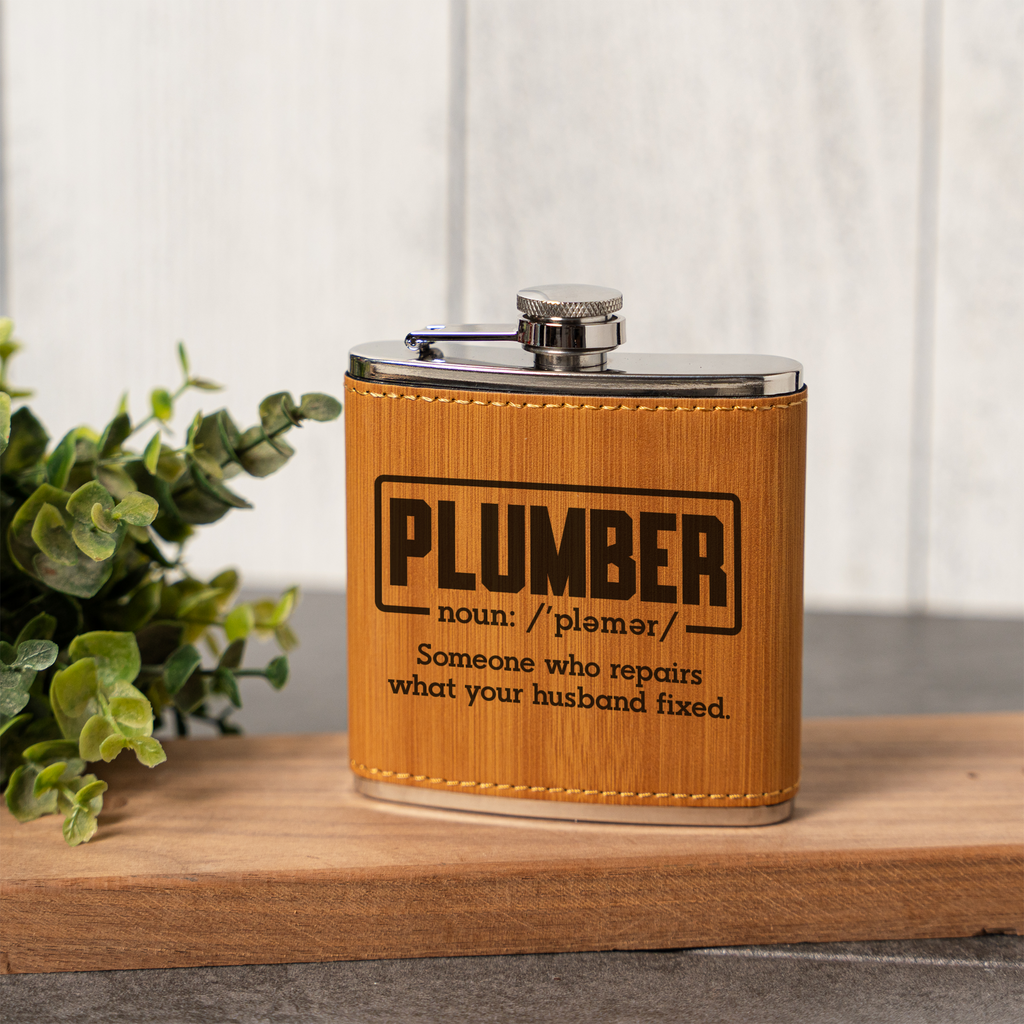 Leather Wrapped Flask 6oz, Funny Plumber Design, Gift for Men, Groomsmen Gift