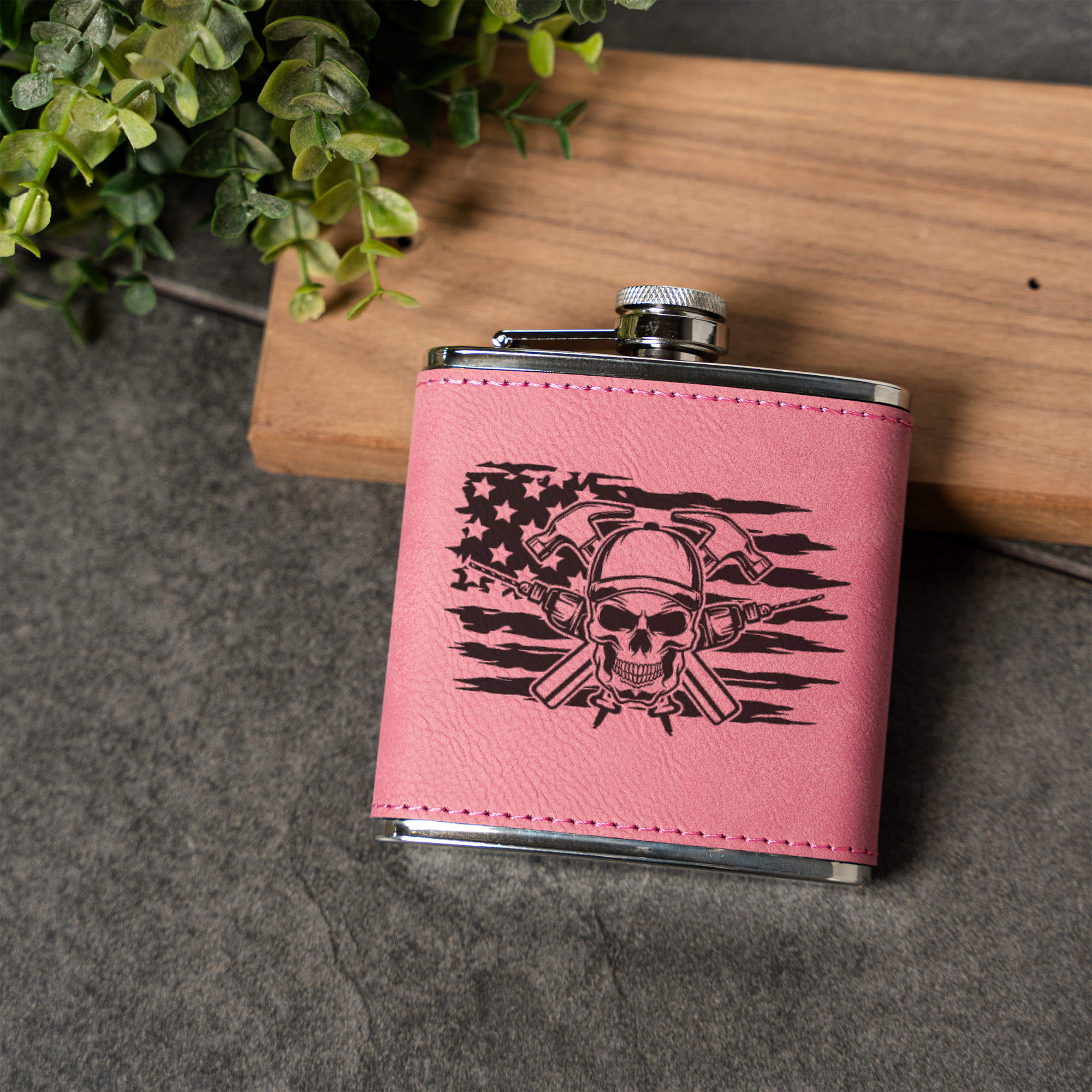Engraved Construction Flask | Skull Carpenter Flask | Hammer & Drill Gift | Contractor Gift for Men | Woodworker Flask | Father's Day Gift