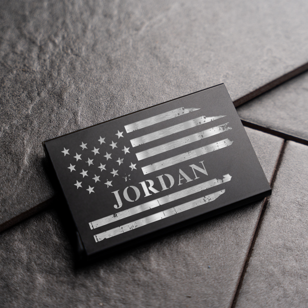Personalized Aluminum Credit Card Holder with American Flag Design, Personalized Engraved Name Wallet with American Flag Design