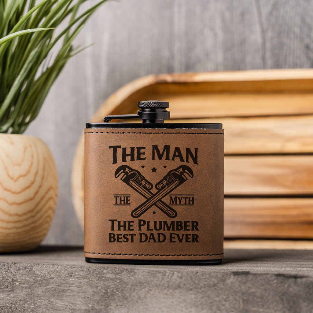 Best Dad Ever Black Leather Wrapped Flask for Plumbers, Best Dad Ever Gift, The Man The Myth Design, Plumber Gift Fathers Day