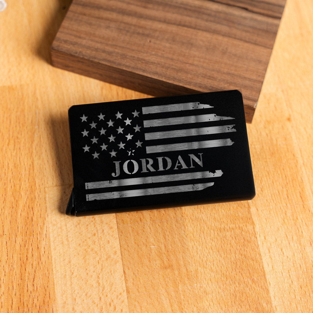 Personalized Aluminum Credit Card Holder with American Flag Design, Personalized Engraved Name Wallet with American Flag Design