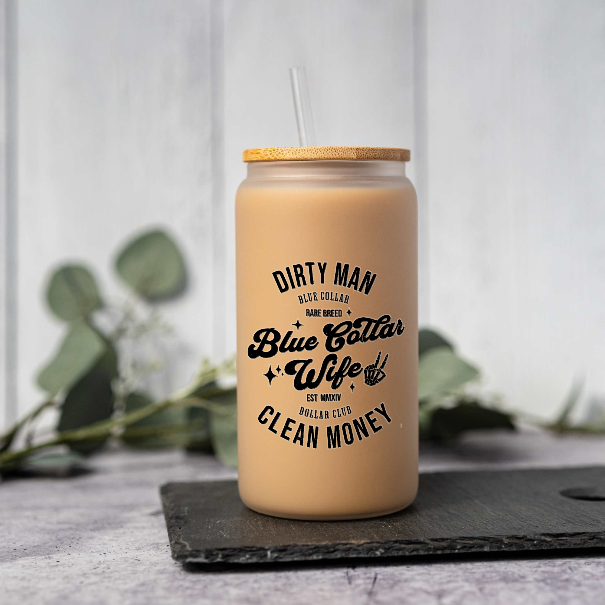 Blue Collar Wife 16oz Glass Coffee Can with Bamboo Lid