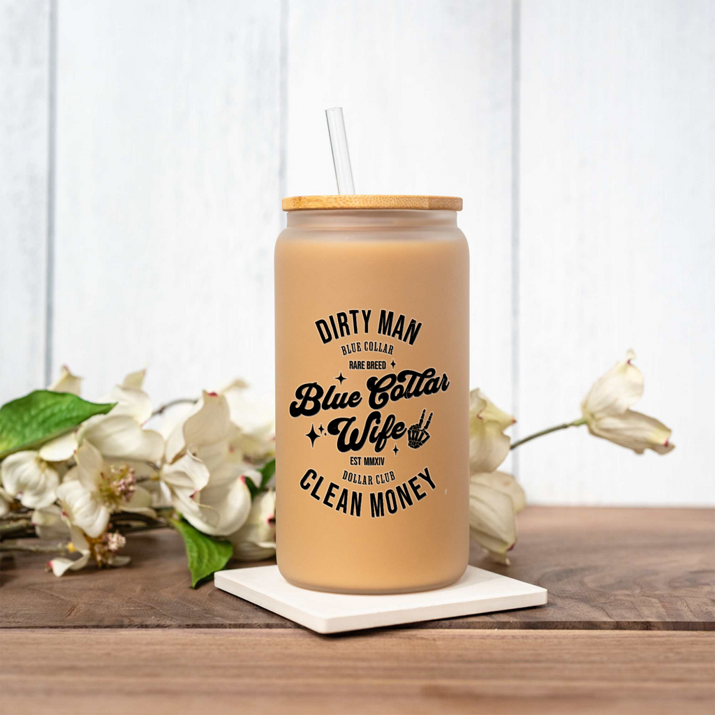 Blue Collar Wife 16oz Glass Coffee Can with Bamboo Lid