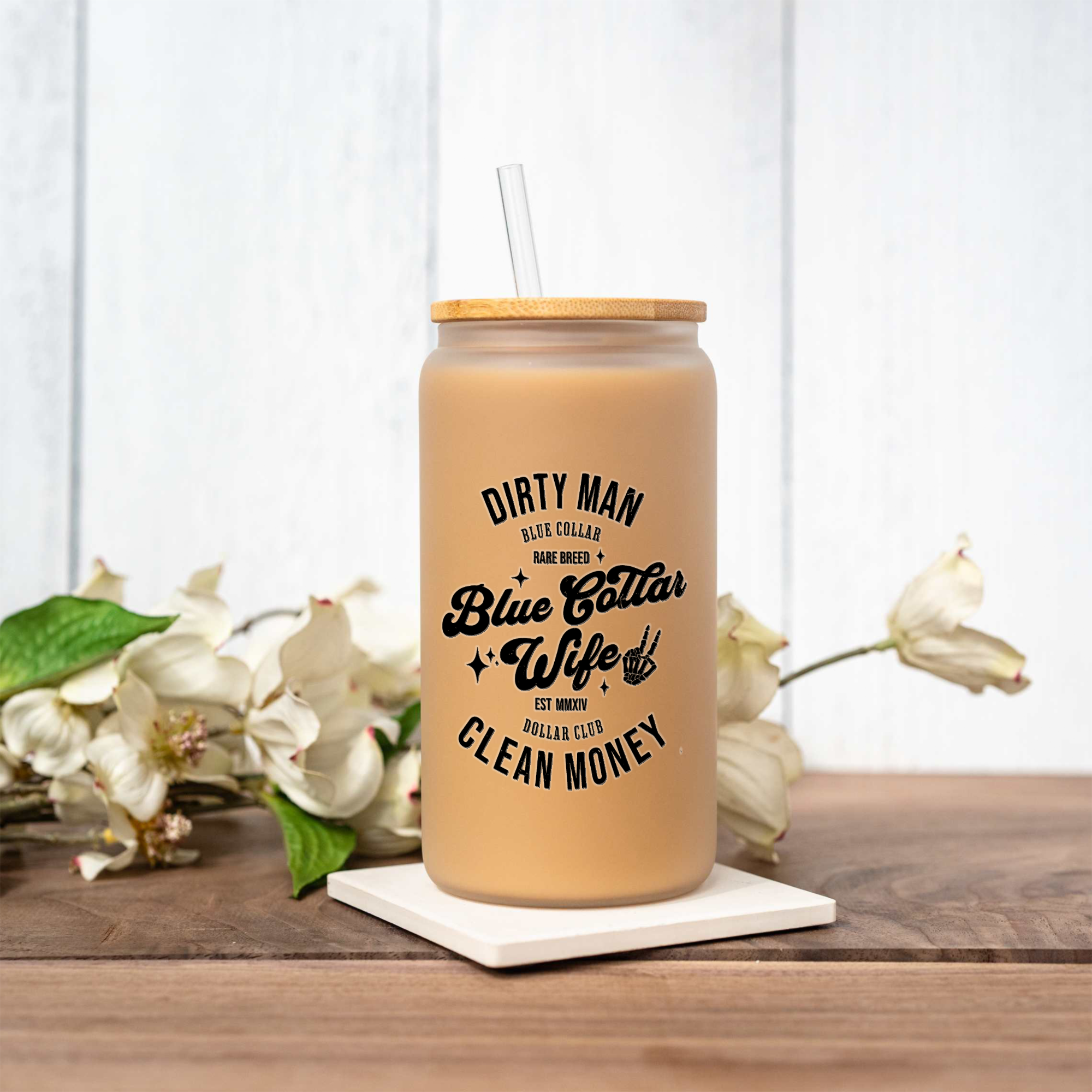 Blue Collar Wife 16oz Glass Coffee Can with Bamboo Lid