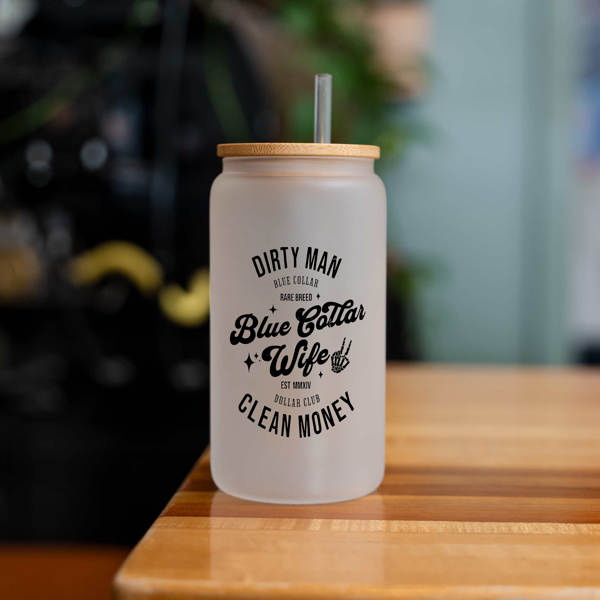 Blue Collar Wife 16oz Glass Coffee Can with Bamboo Lid
