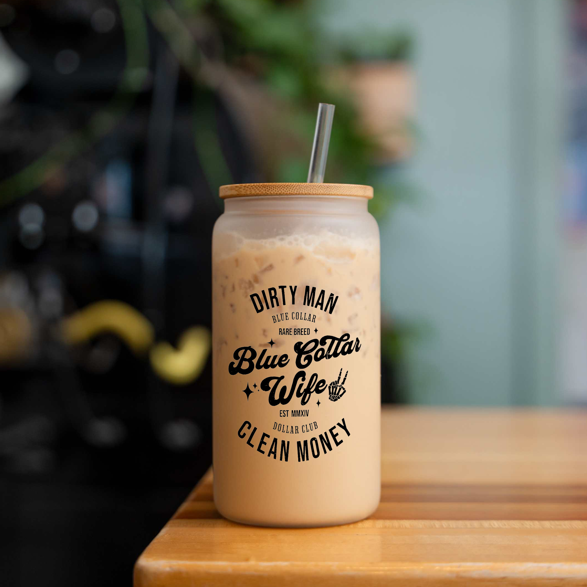 Blue Collar Wife 16oz Glass Coffee Can with Bamboo Lid